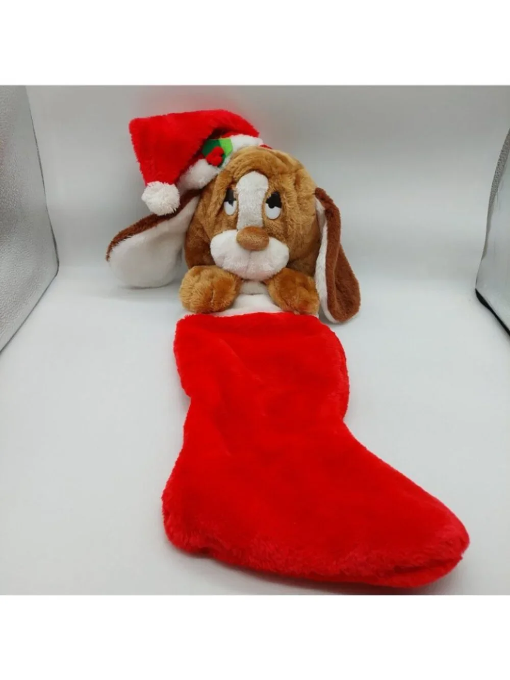 Mithy Christmas Stocking Plush Puppy Dog Basset Hound Wearing Santa Hat 3D READ